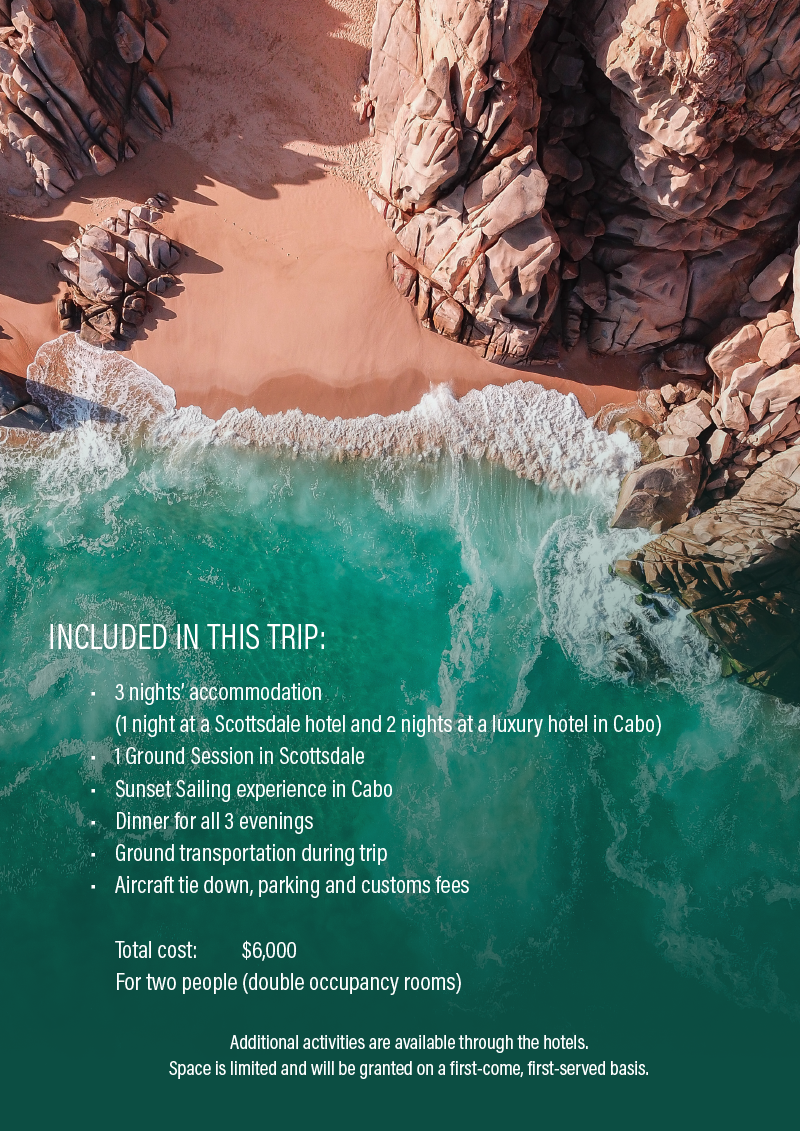 Promotional text for a trip to Cabo, placed over an aerial photo of the beach.