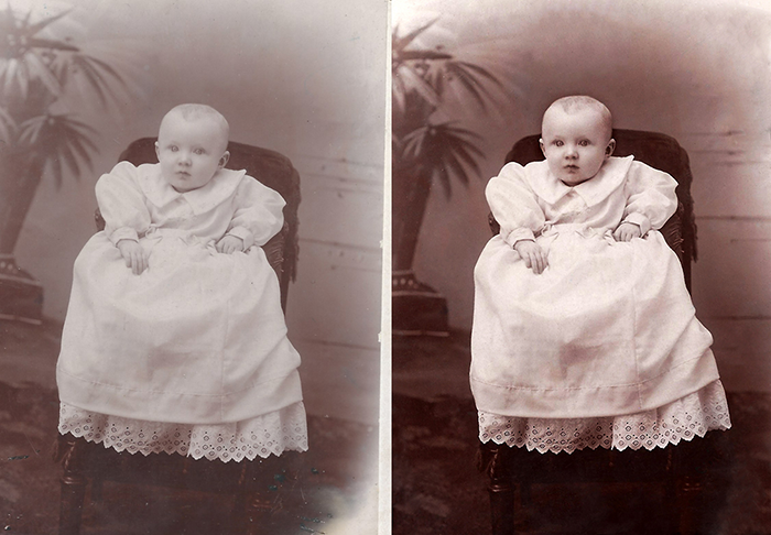 Before and after comparison of a damaged and repaired photo of an infant in baptismal gown from the early 1900s.