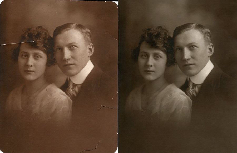 Before and after comparison of a damaged and repaired engagement portrait of a young couple.