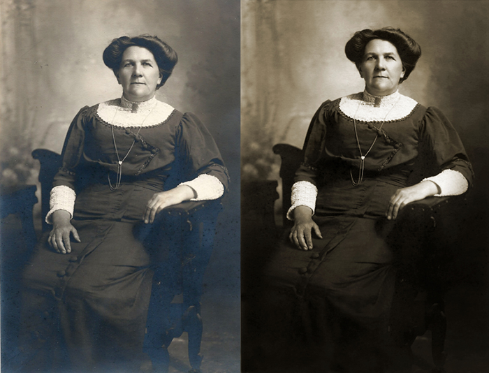 Before and after comparison of a damaged and repaired antique portrait of a woman sitting.