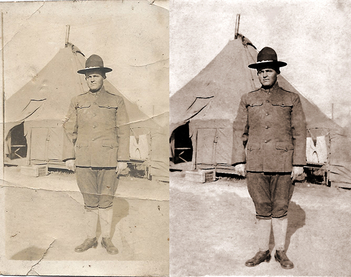 Before and after comparison of a damaged and repaired photo of a man in WWI uniform.