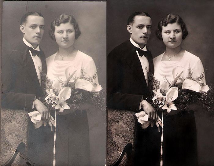 Before and after comparison of a damaged and repaired antique photo of a couple in wedding clothes.