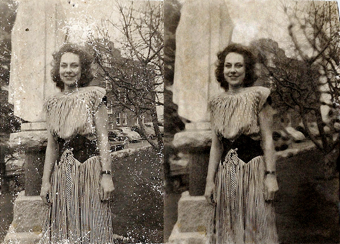 Before and after comparison of a damaged and repaired photo of a woman in a striped dress.