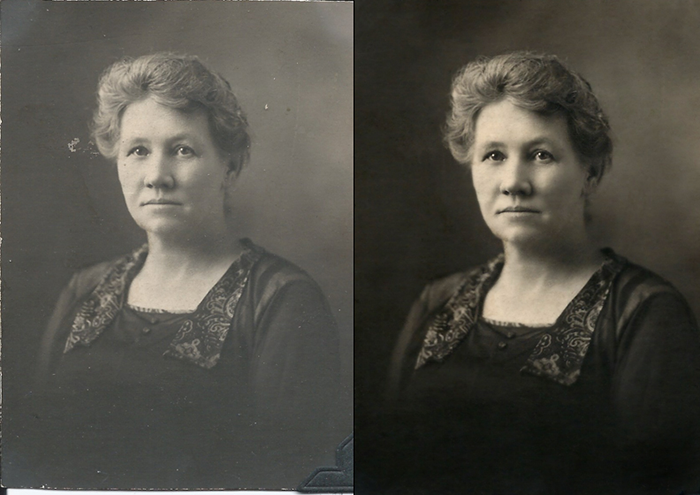 Before and after comparison of an antique portrait.