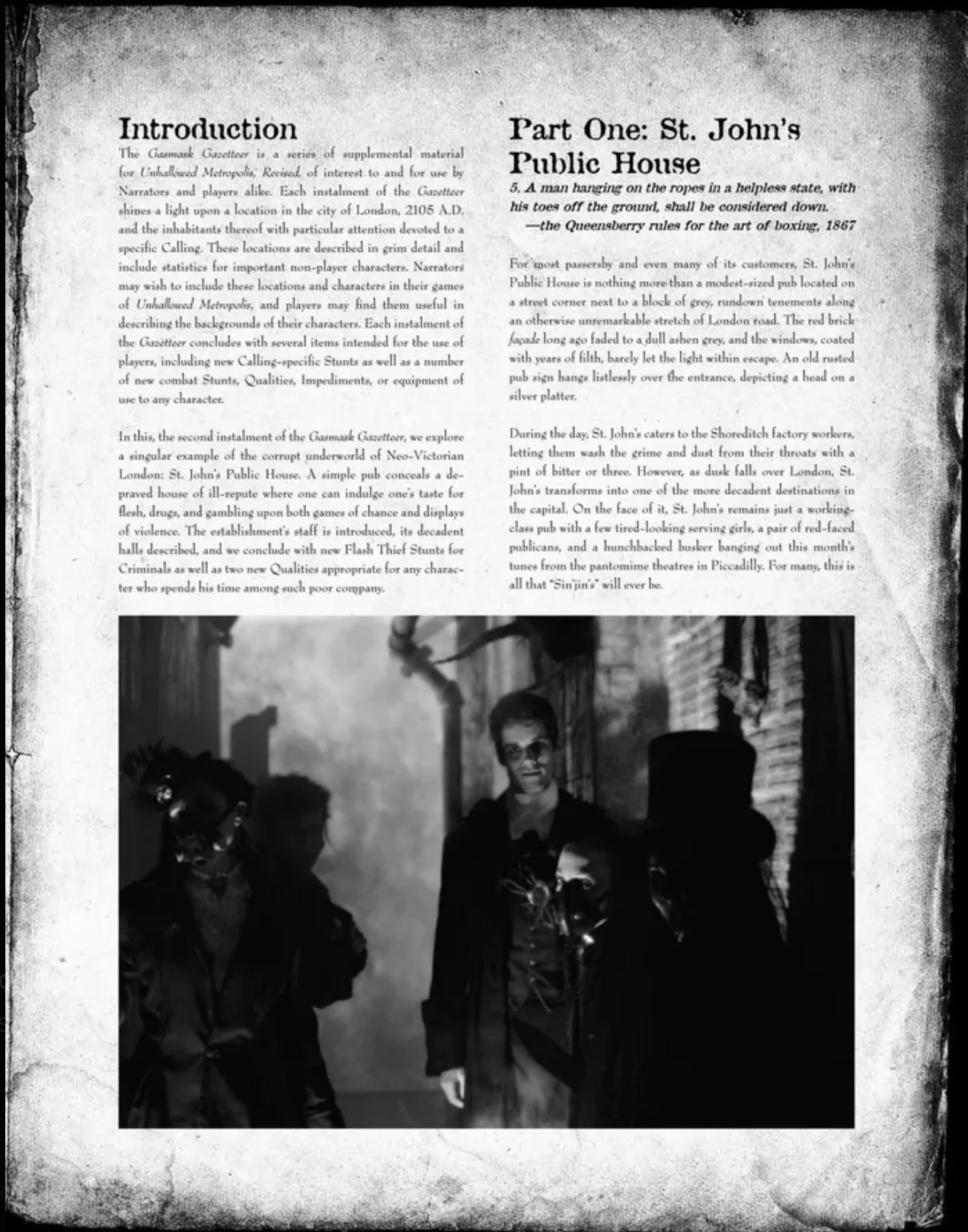 Page from Unhallowed Metropolis featuring game text and black and white photograph.